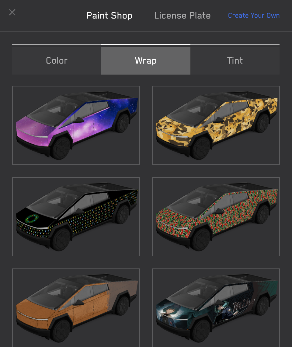 Paint Shop wraps tab on a Cybertruck touchscreen
