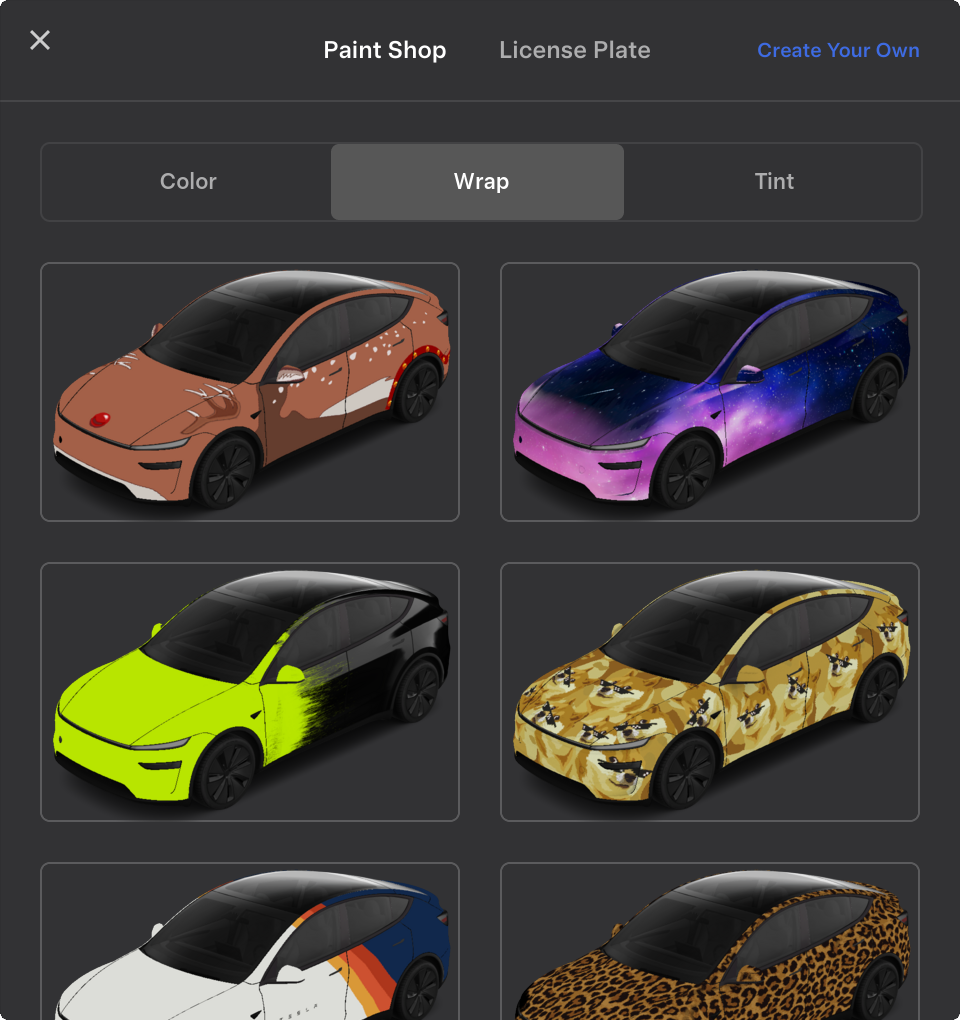Paint Shop wraps tab on a Model 3 touchscreen